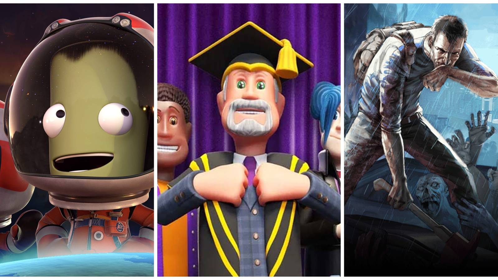 Best Sandbox Simulation Games (Featured Image) - Kerbal Space Program + Two Point Campus + Project Zomboid