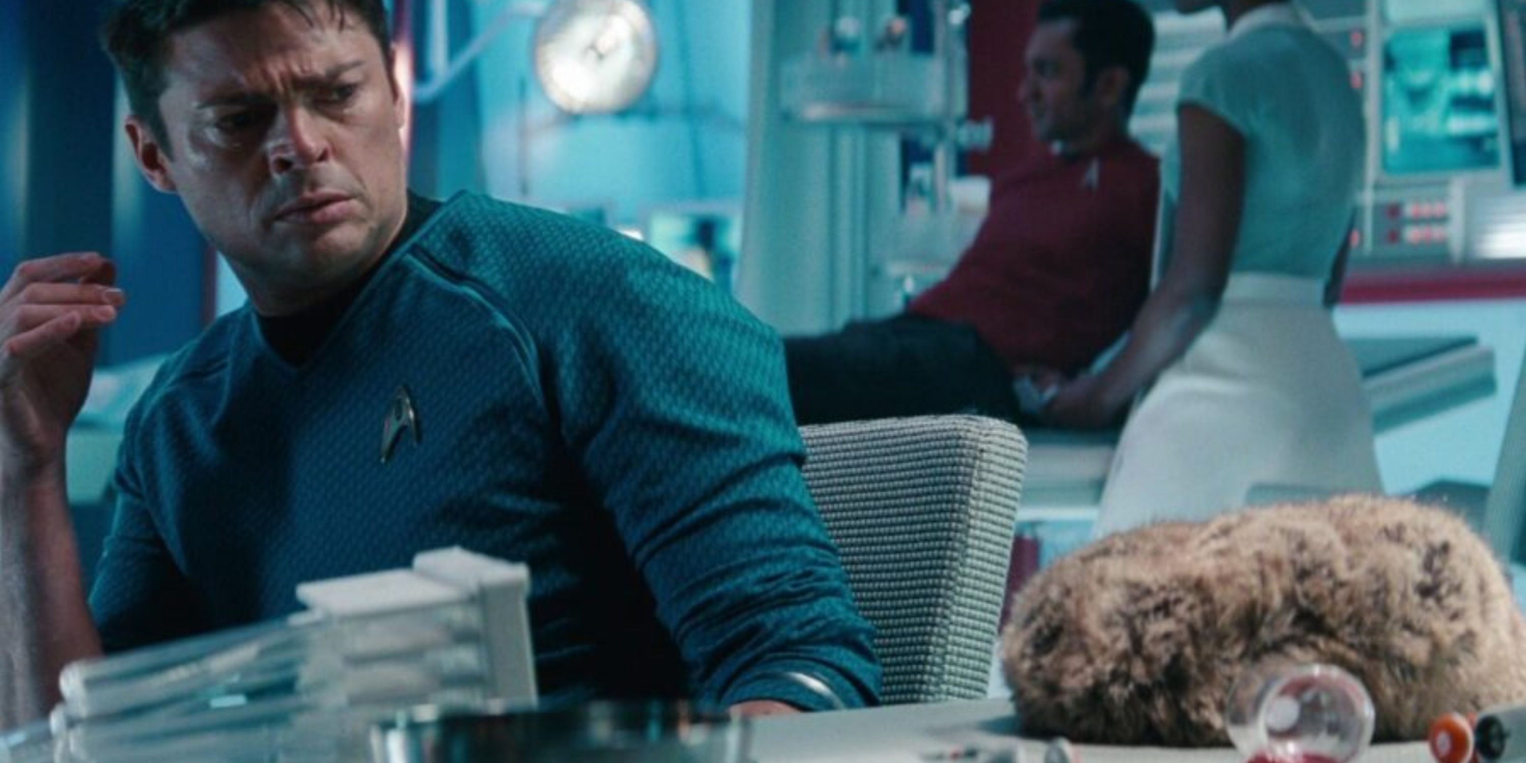 doctor mccoy looking at a tribble