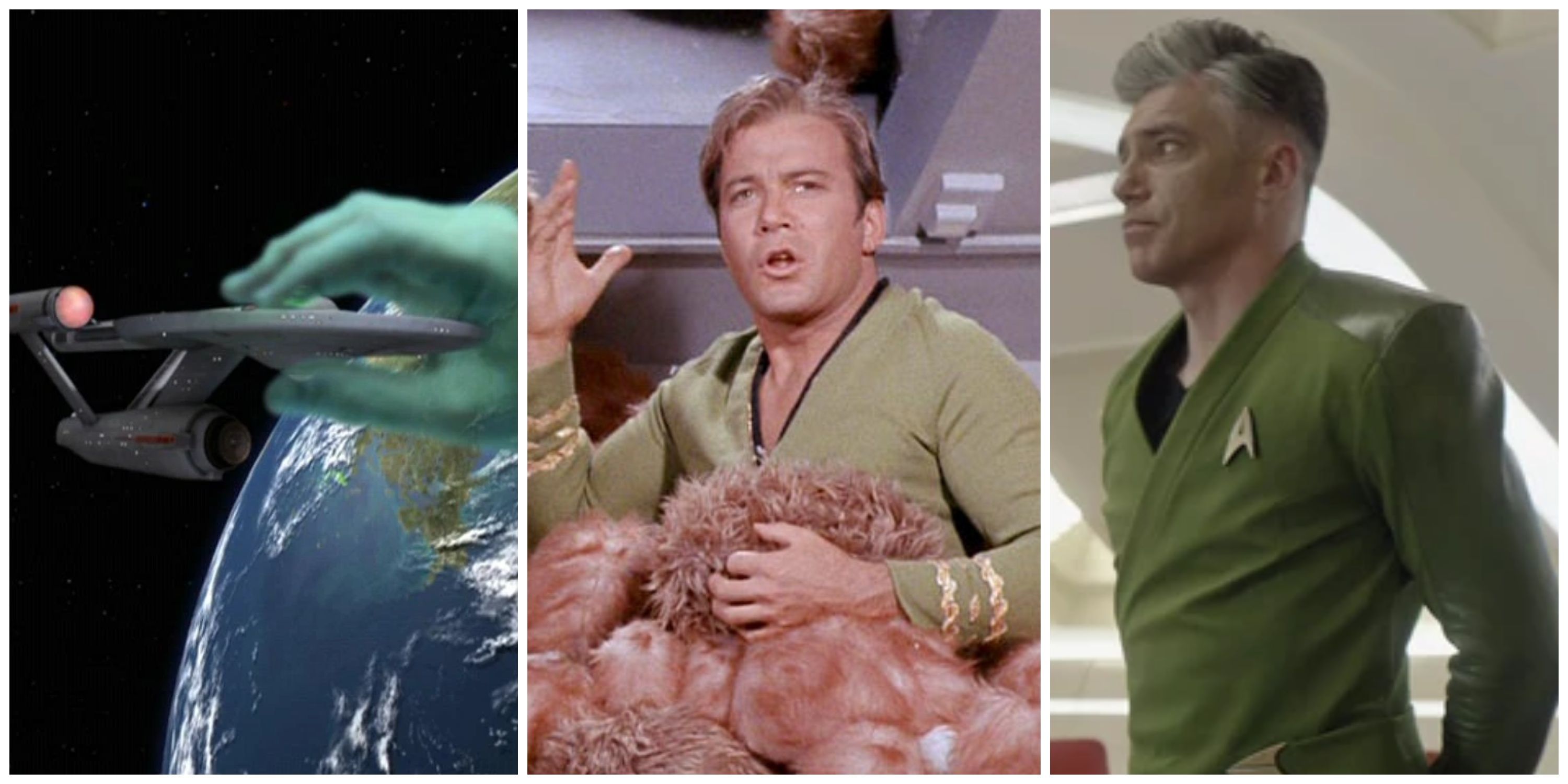 apollo green hand grabbing the enterprise, kirk with tribbles, pike in a green shirt