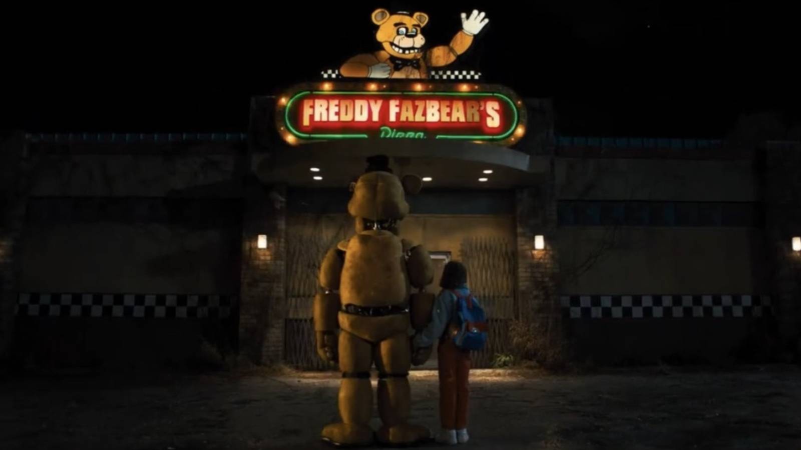 abby and golden freddy outside the pizzeria