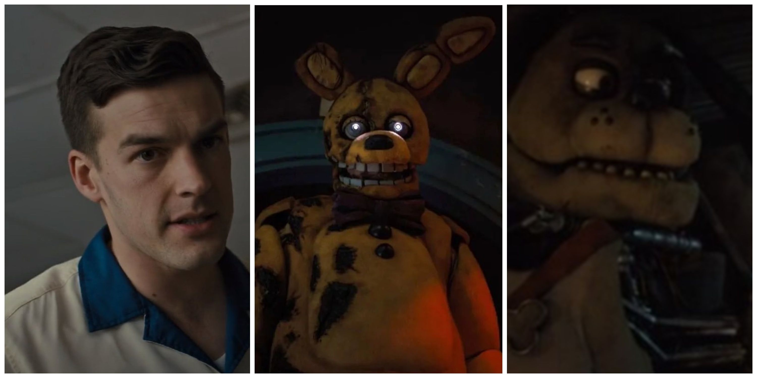 matpat as ness, william afton as springtrap/yellow rabbit, sparky the dog in fnaf movie