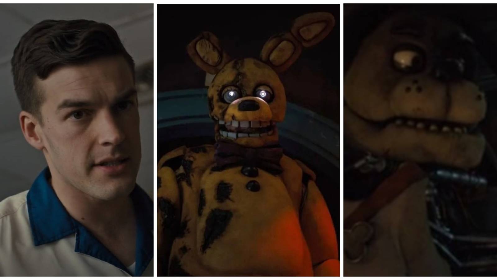 matpat as ness, william afton as springtrap/yellow rabbit, sparky the dog in fnaf movie