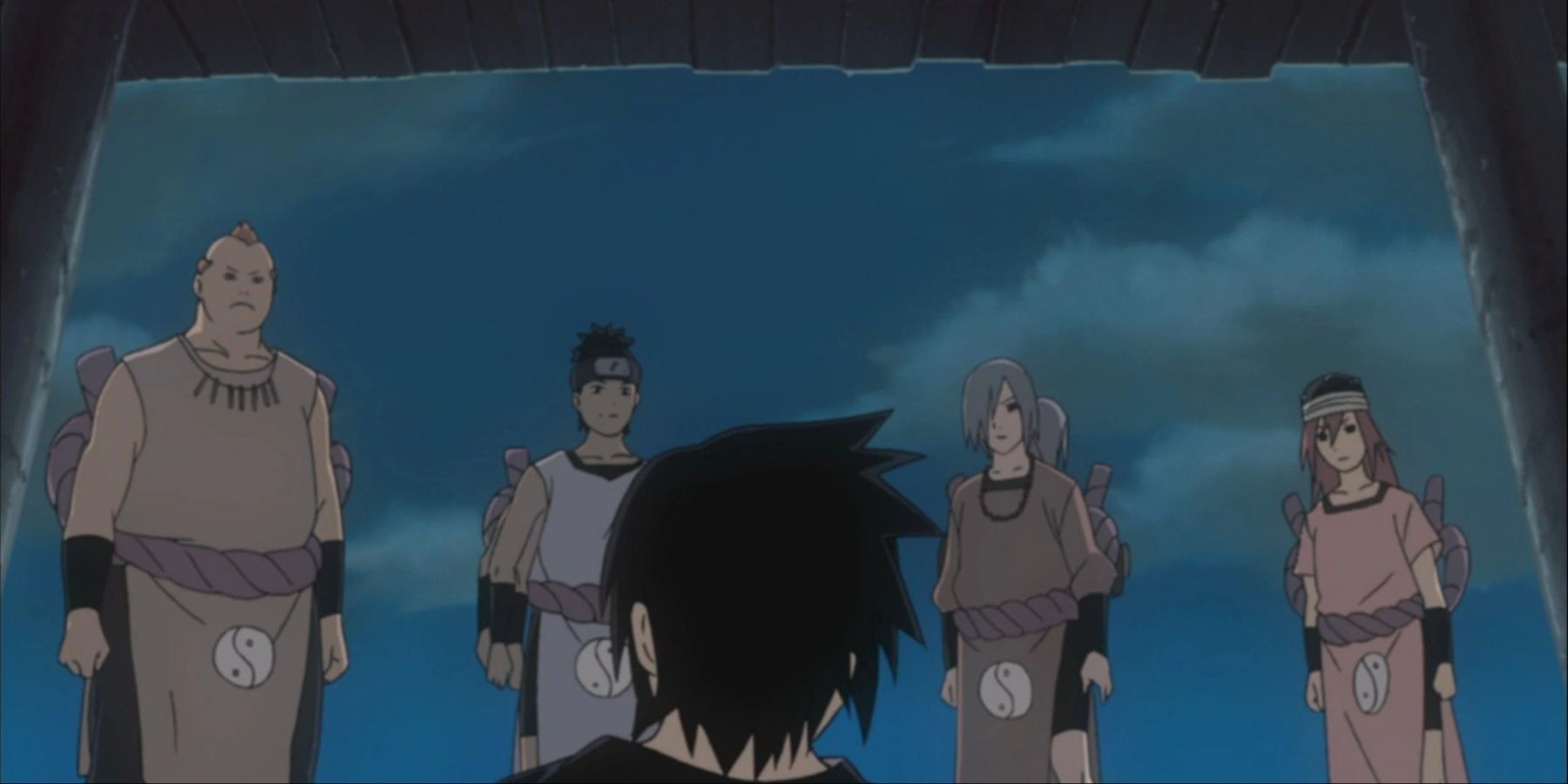 Sasuke Looking at a Victorious Sound Four In Naruto