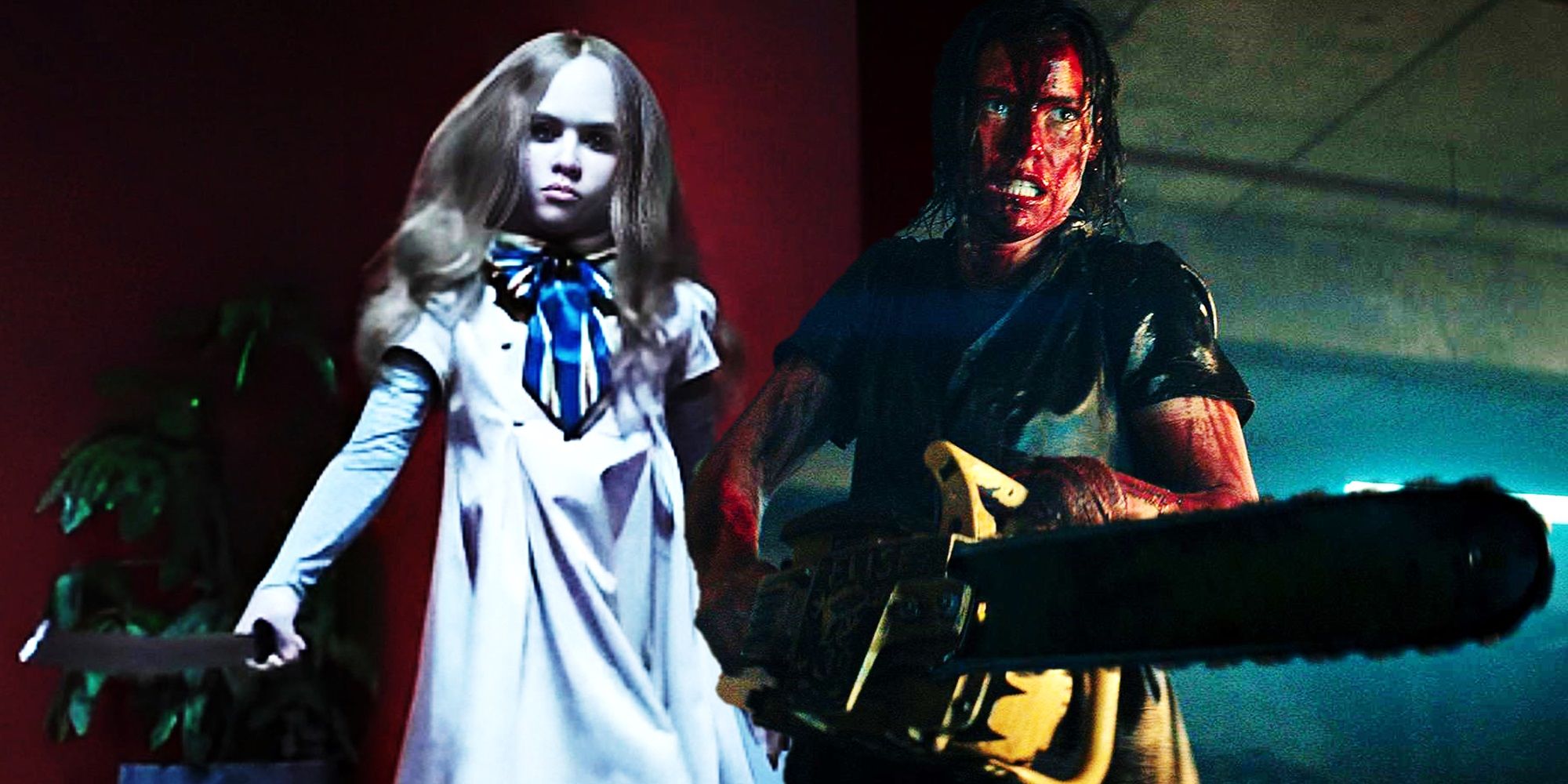 Collage of M3GAN dancing and Beth with a chainsaw in Evil Dead Rise