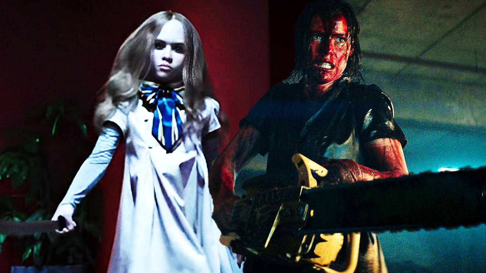 Collage of M3GAN dancing and Beth with a chainsaw in Evil Dead Rise