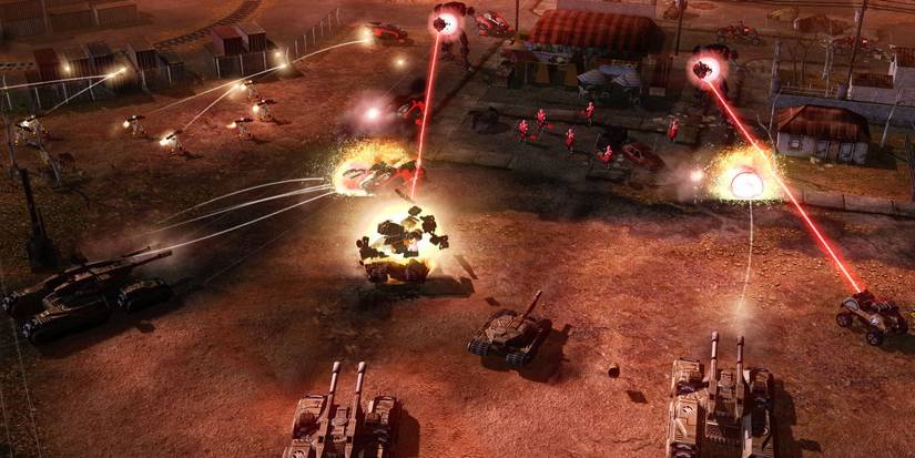 GDI and Nod tanks and infantry battling one another in a sandy location