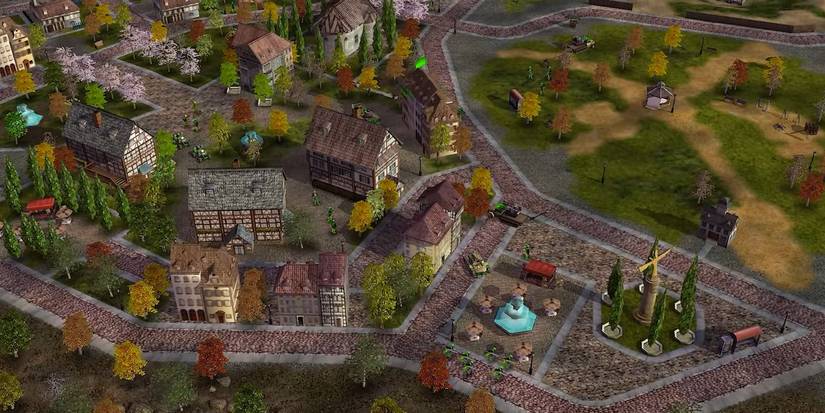 A German town with a gold statue and green enemies on the map