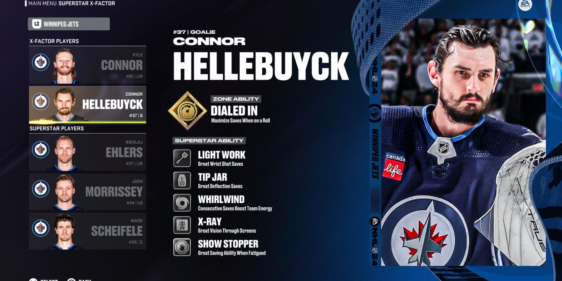 Una pantalla que muestra las habilidades de superestrella de Connor Hellebuyck en NHL 24