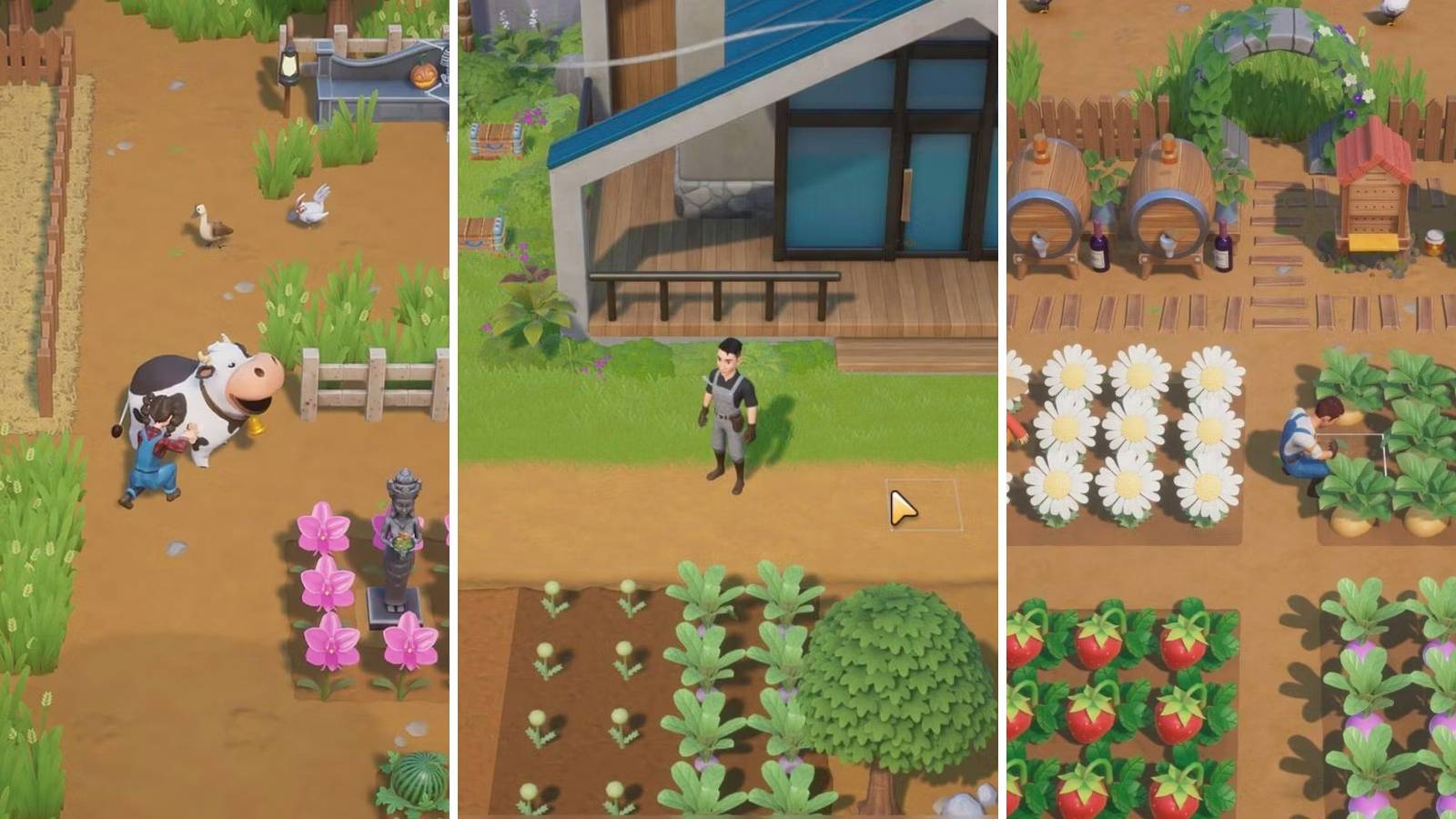 A grid showing three different farms in Coral Island