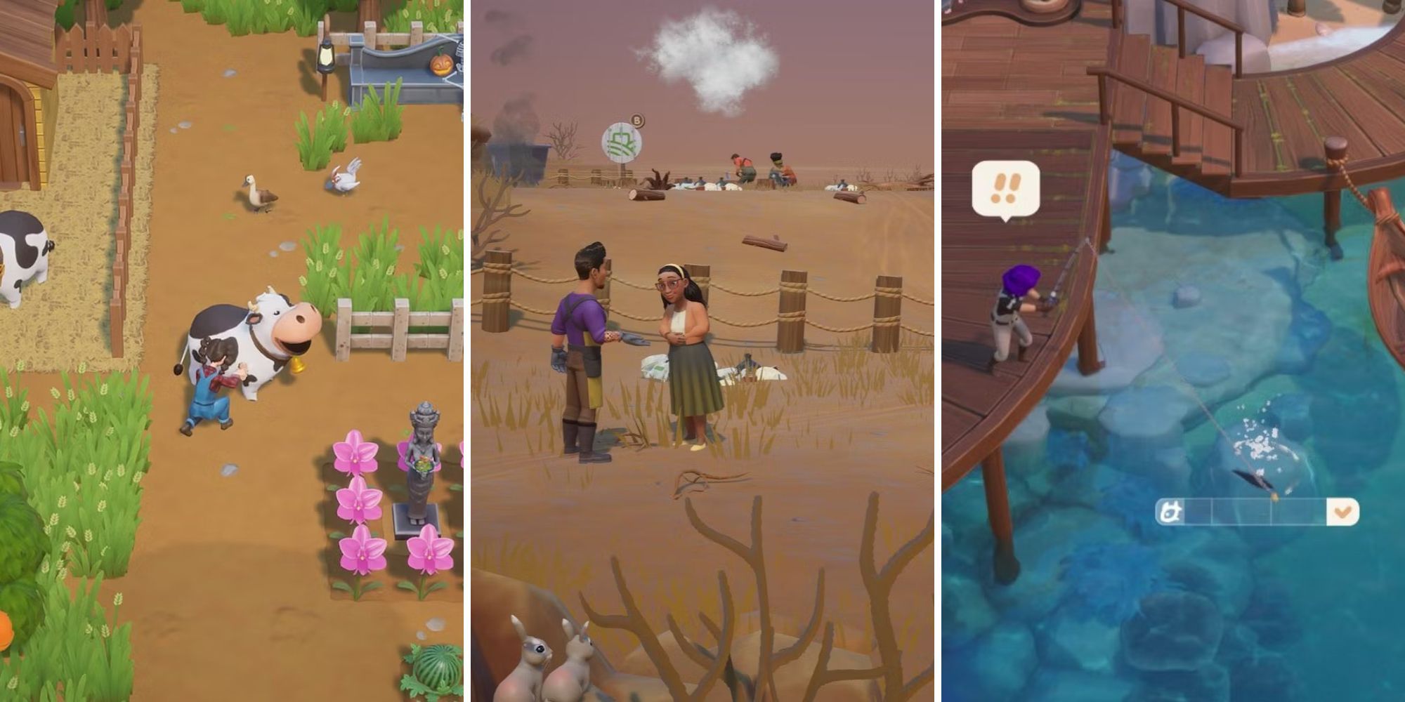 A grid showing a farmer milking a cow, Pablo and Millie talking, and a farmer fishing in Coral Island