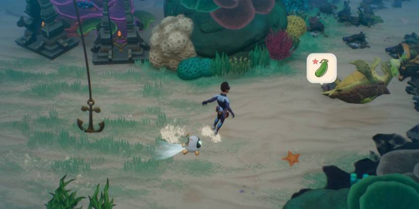 The player moving in diving gear underwater as a giant turtle swims on its back