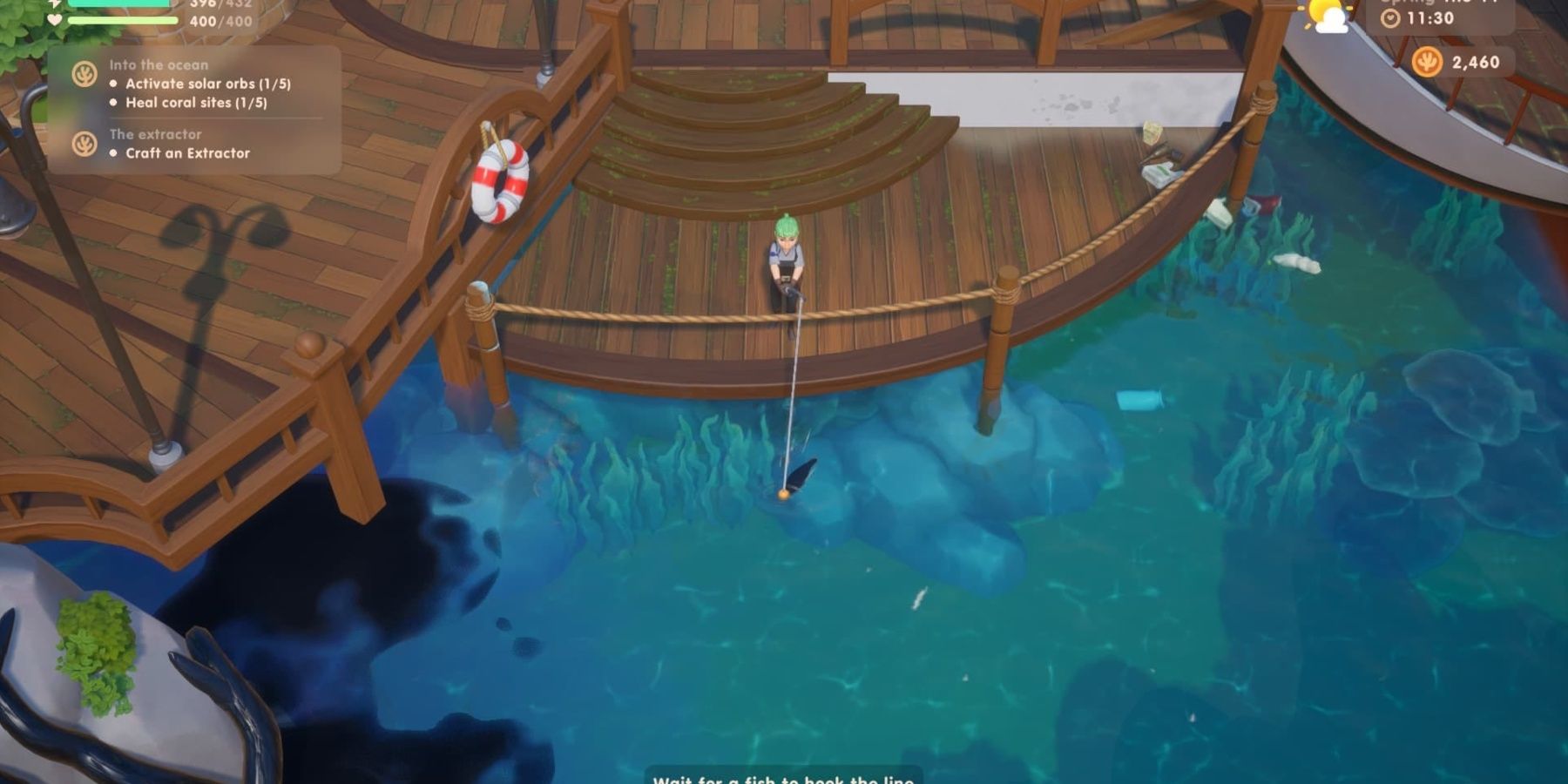 The player fishing from a wooden dock in Coral Island