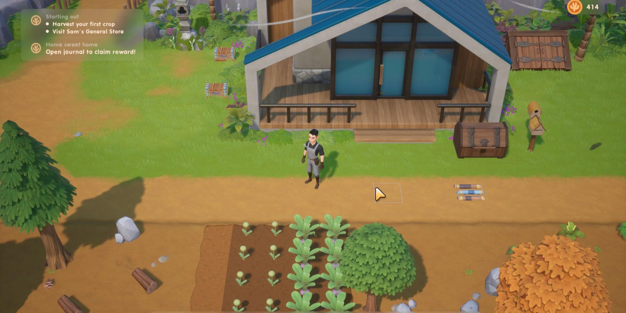 a player standing in front of house in coral island 
