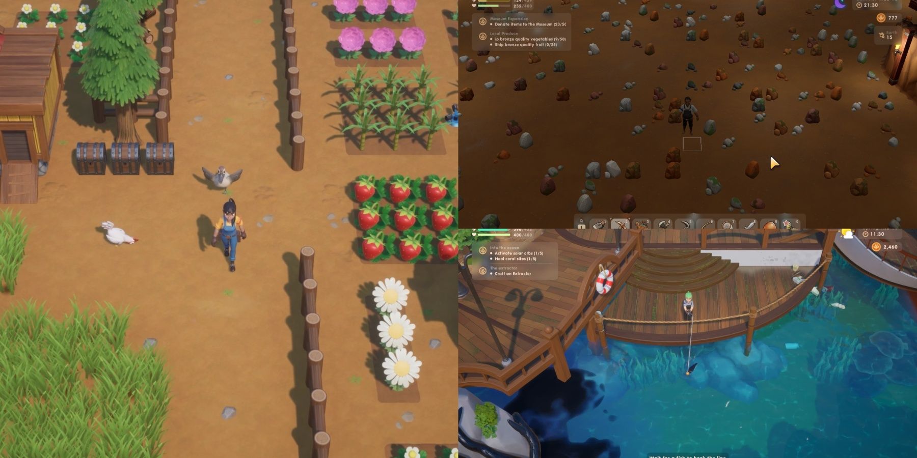 The player walking next to their farm on the left, while the player stands in the mines in top right and fishes from a wooden dock in bottom right