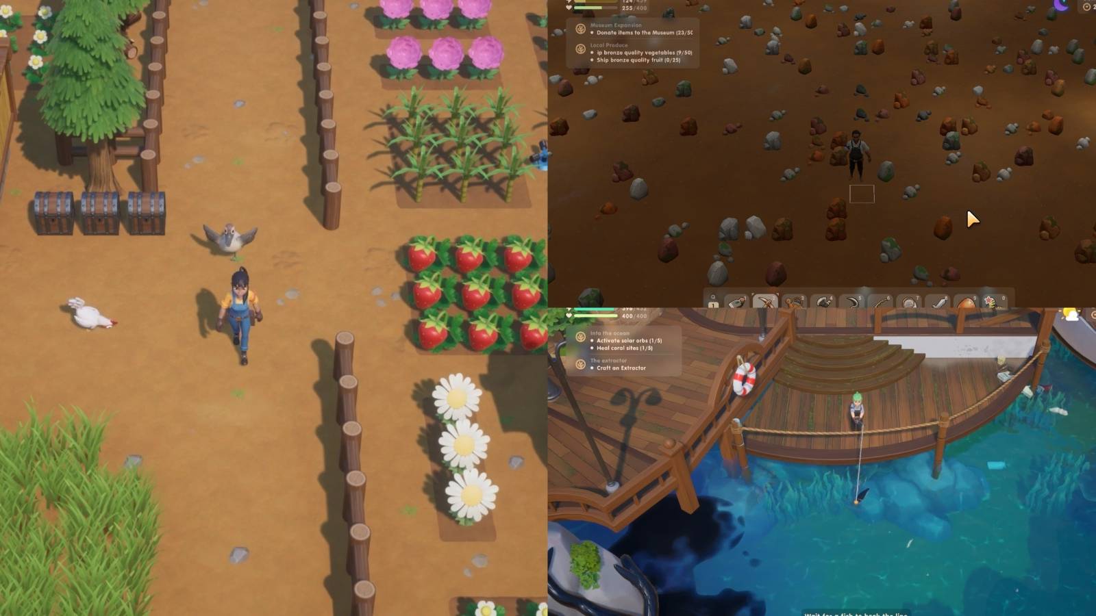The player walking next to their farm on the left, while the player stands in the mines in top right and fishes from a wooden dock in bottom right