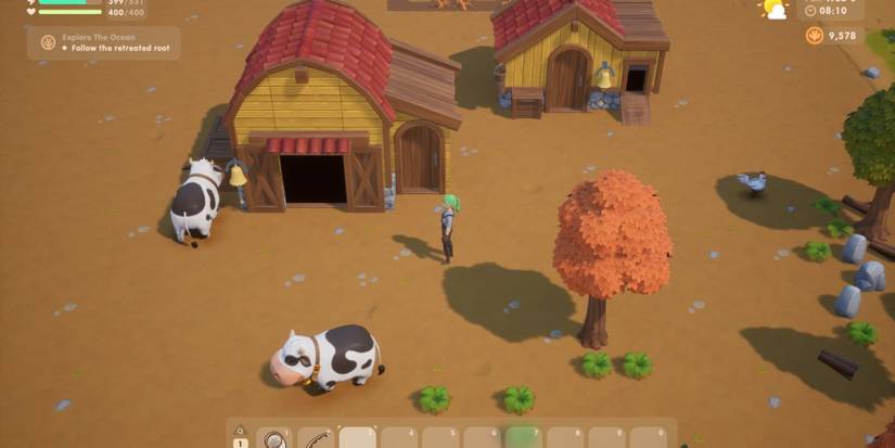 The player standing in front of a farm building as two cows walk around