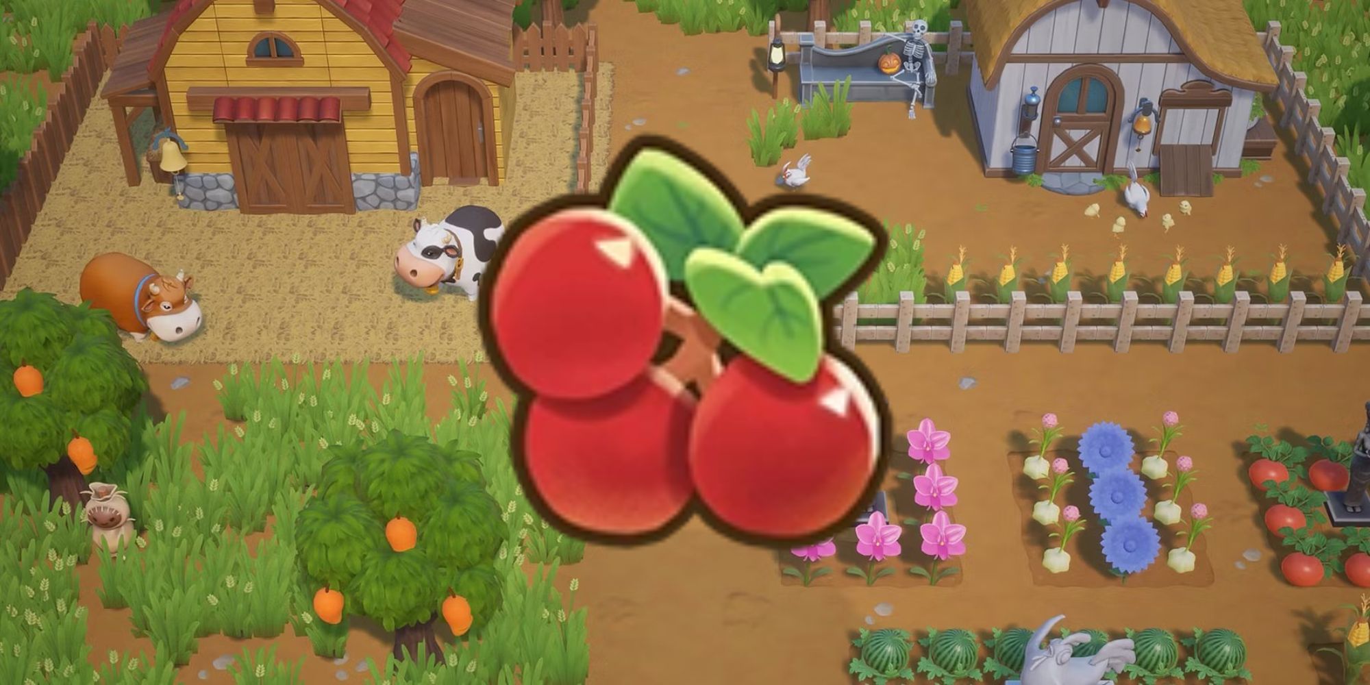 A Cranberry in front of a farm background in Coral Island