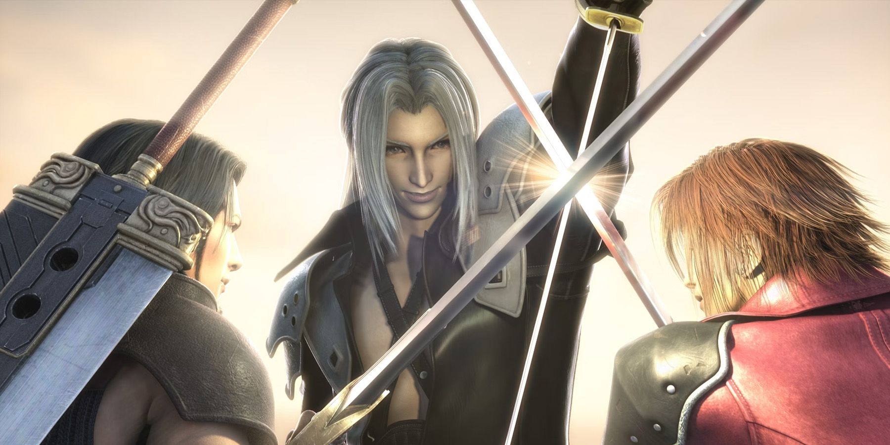 A screenshot of Angeal, Genesis, and Sephiroth locking swords in Crisis Core: Final Fantasy 7.