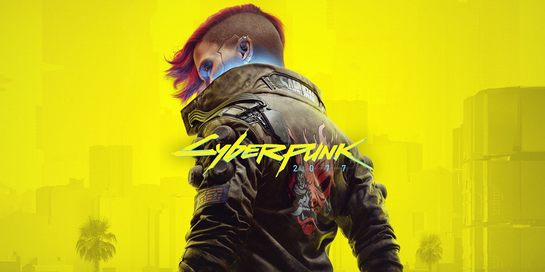 Cyberpunk 2077 female V in Samurai jacket with back turned cover artwork