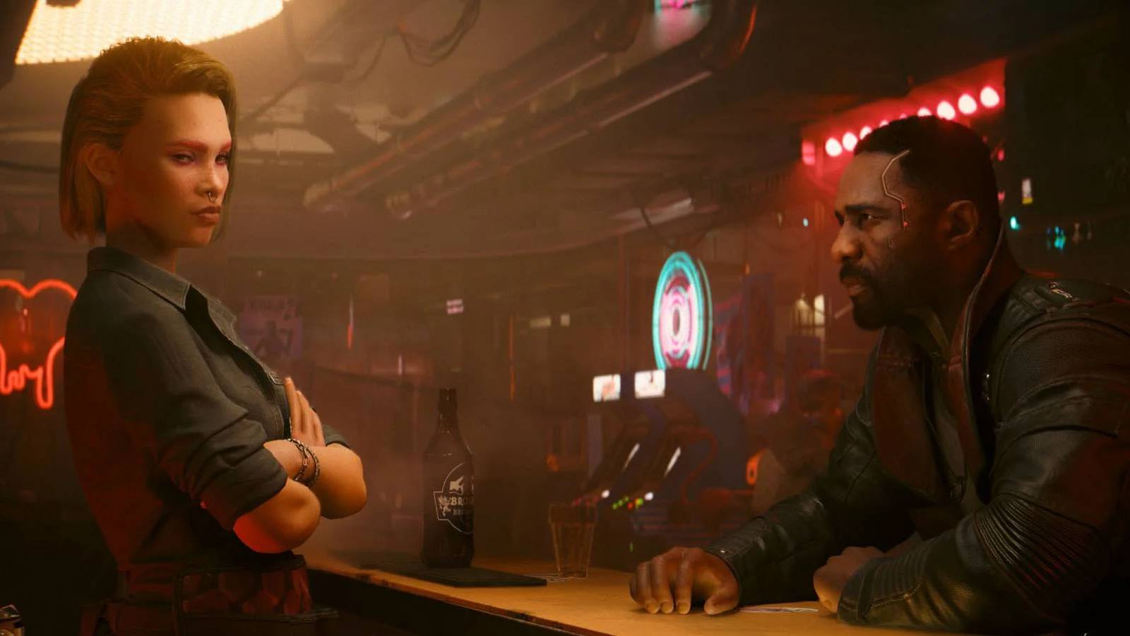 A screenshot of Solomon Reed and Alex Xenakis sitting at a bar in Cyberpunk 2077: Phantom Liberty.