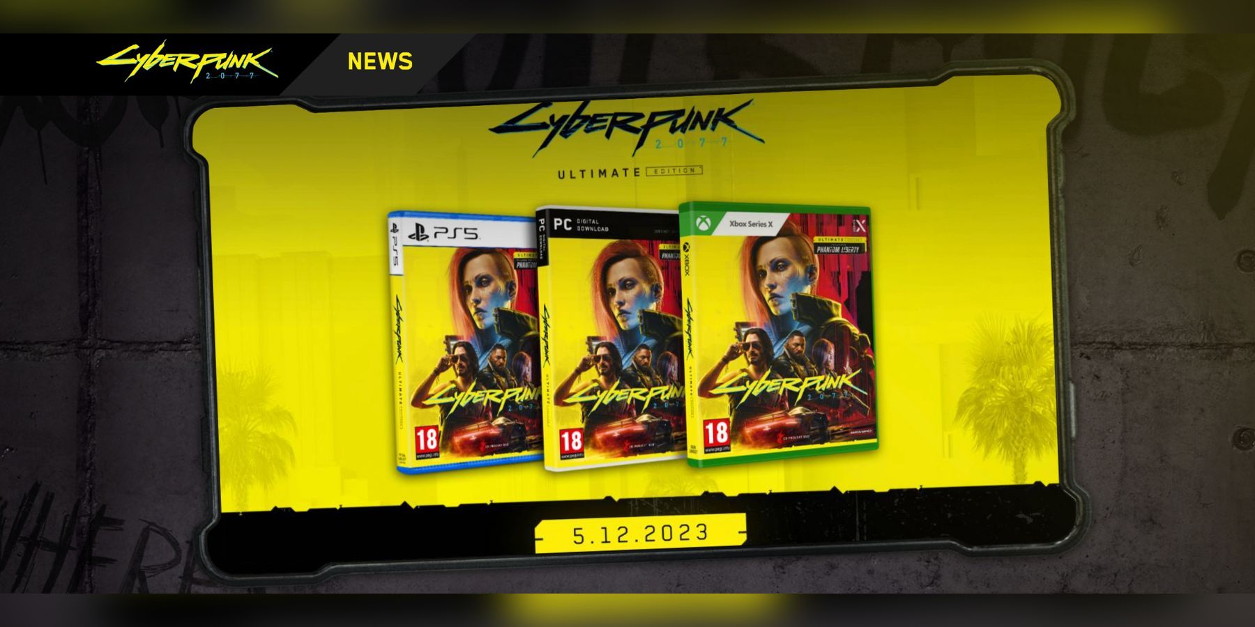 Xbox Series X, caixas físicas PS5 e discos de computador Cyberpunk 2077 Ultimate Edition.