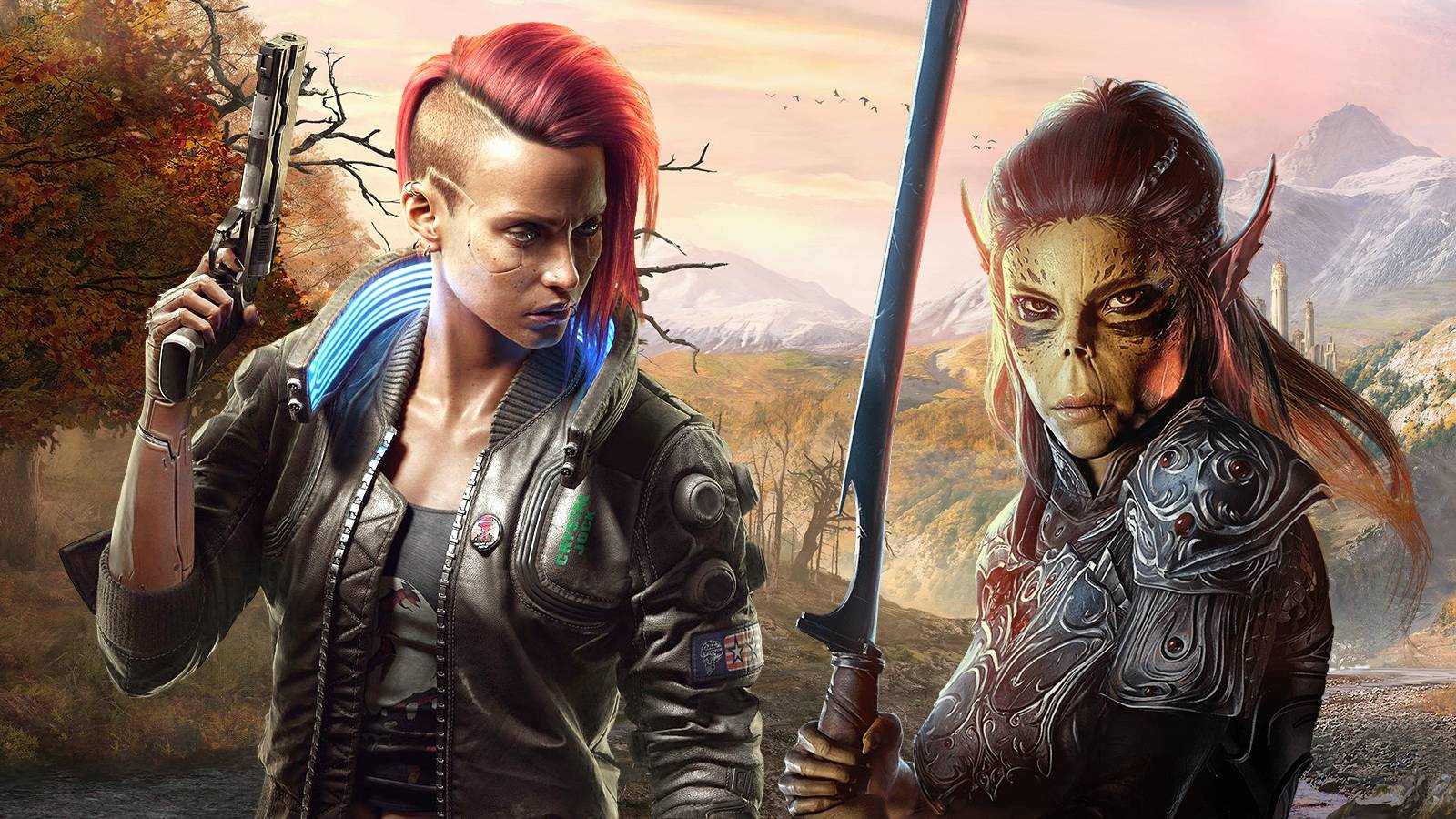 Baldur's Gate 3 Cyberpunk 2077 V and Lae'zel