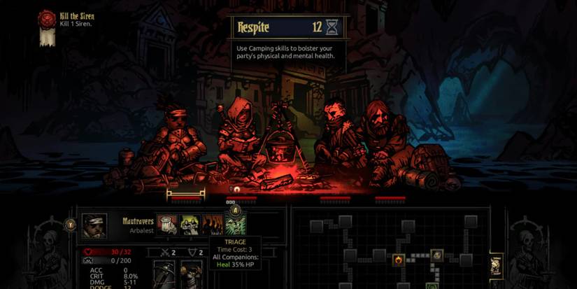A party by a campfire in Darkest Dungeon