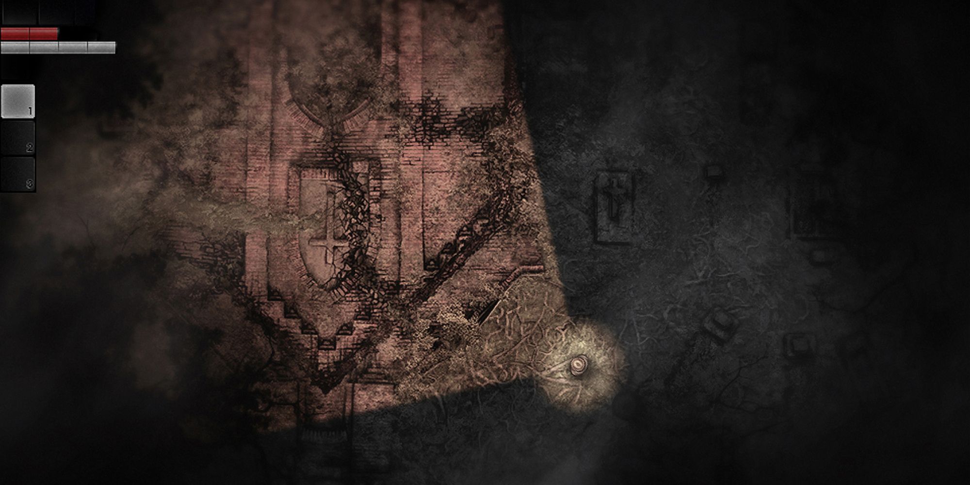 A top-down view of a player navigating an abandoned church in Darkwood