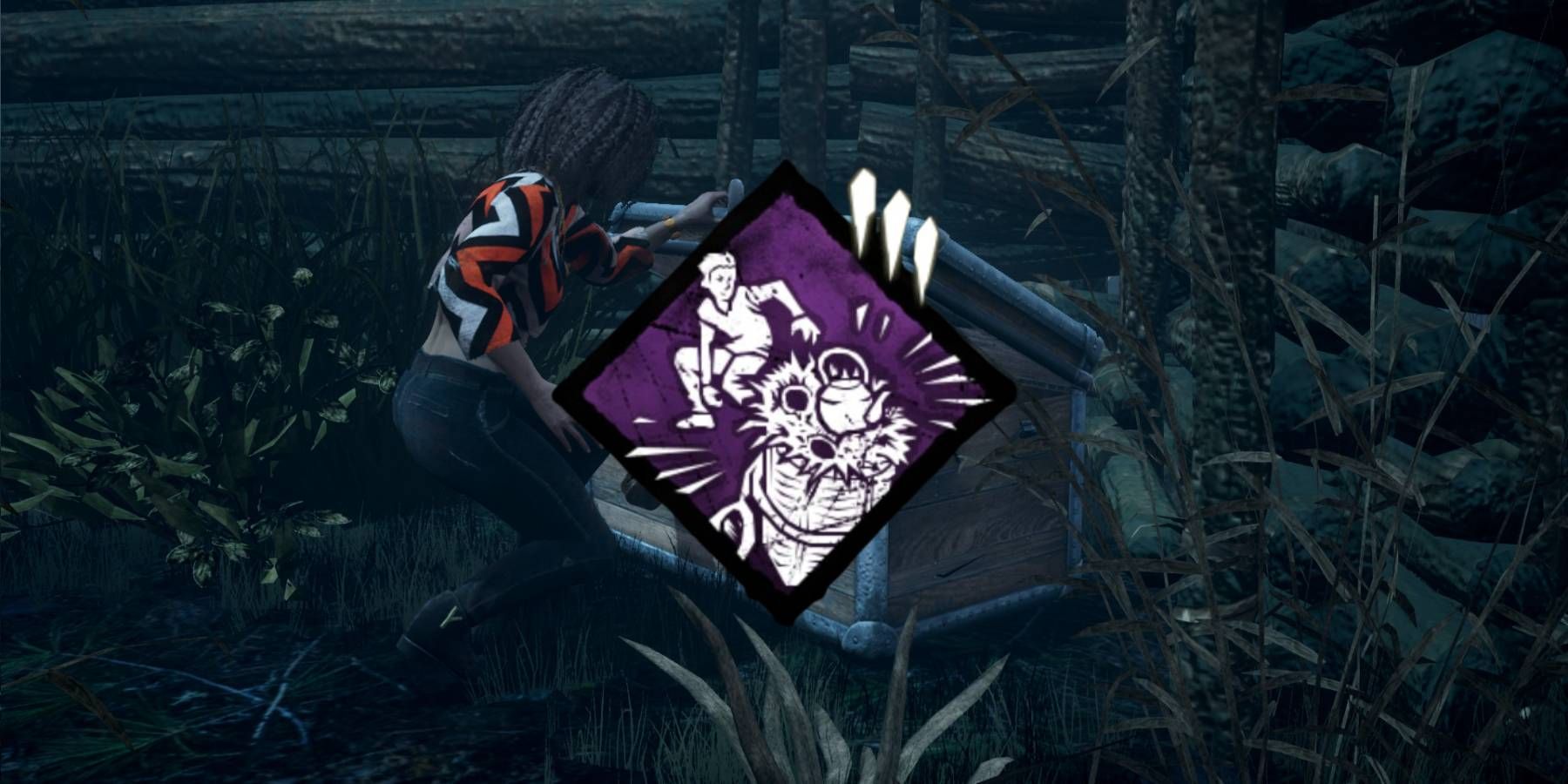 Elodie opening a chest with the Hoarder emblem from Dead by Daylight