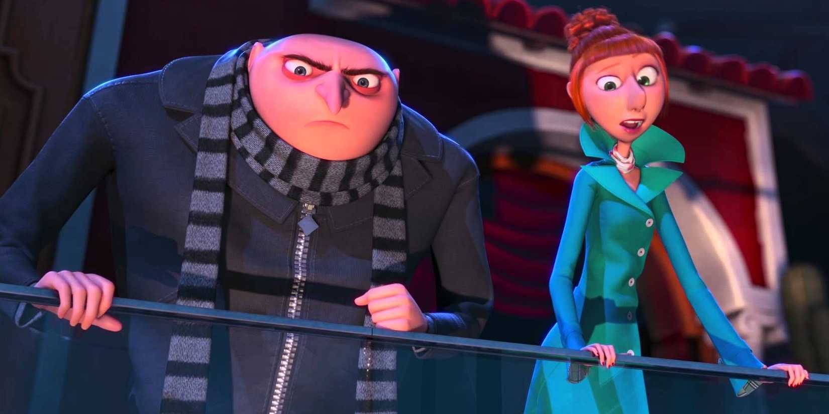 An  image of Gru and Lucy Wild watching someone from an angle