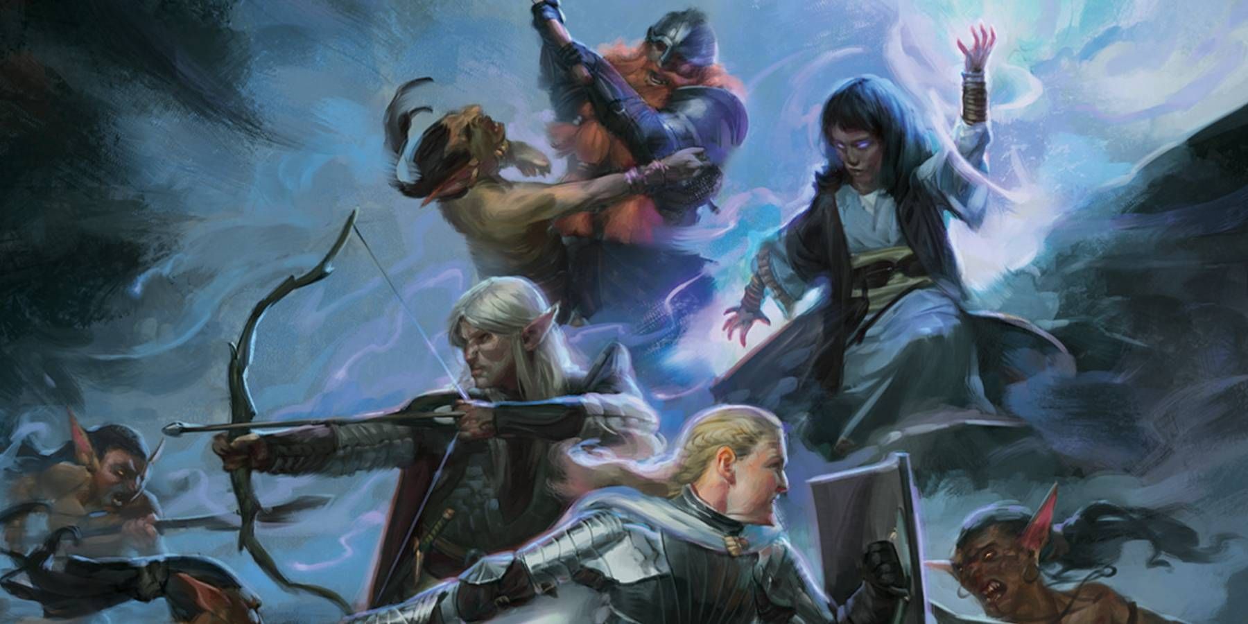 A party of adventurers fighting several attackers in Dungeons & Dragons