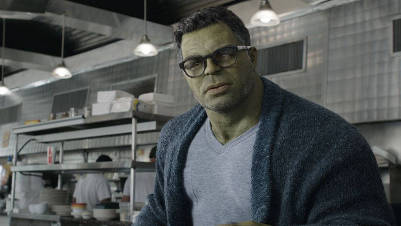 Smart Hulk sitting in a diner