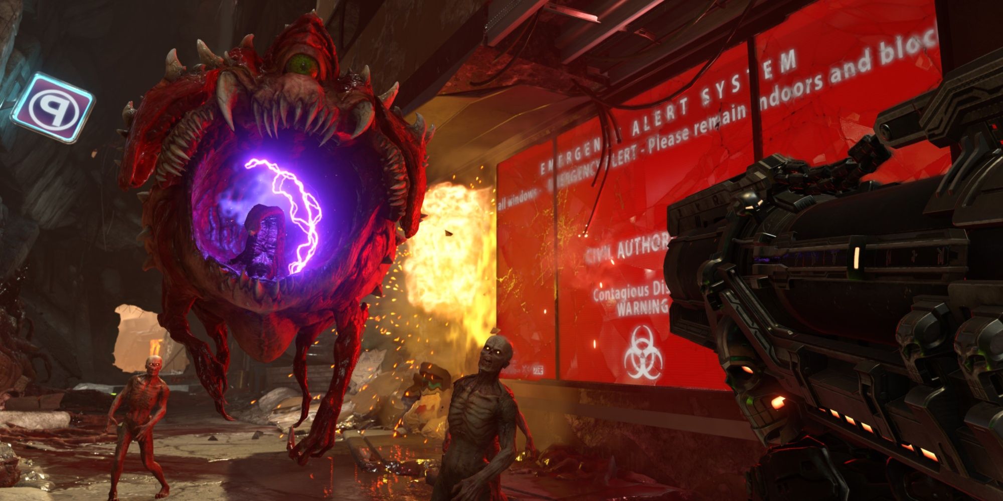 DOOM Eternal aiming large blaster at undead and electrified portal