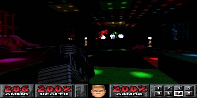Doomguy holding a Plasma Gun on a nightfloor filled with Revenants
