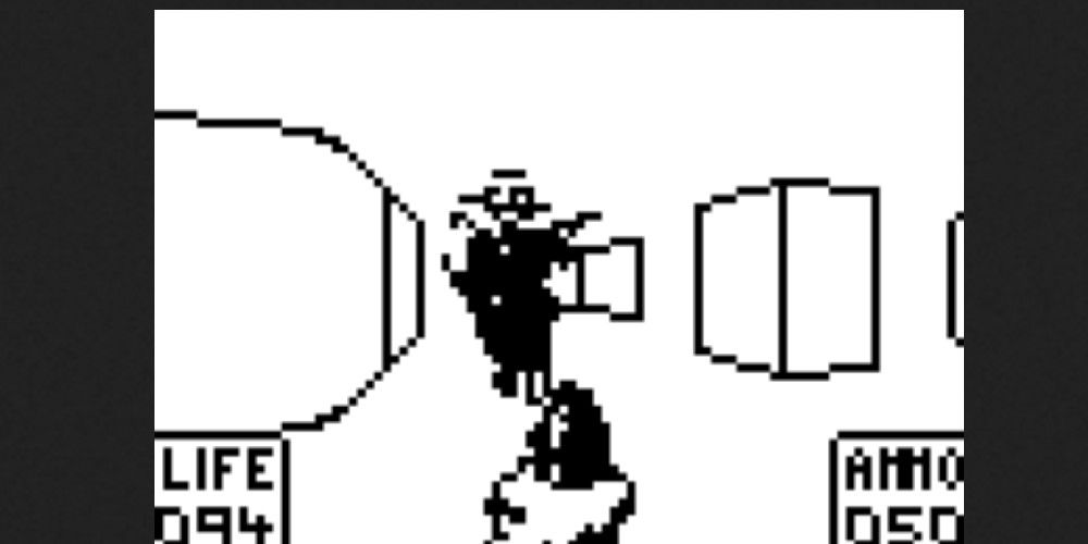 zDoom for TI-83 and TI-84 Plus. First-person perspective of man shooting enemy in hallway in black and white.