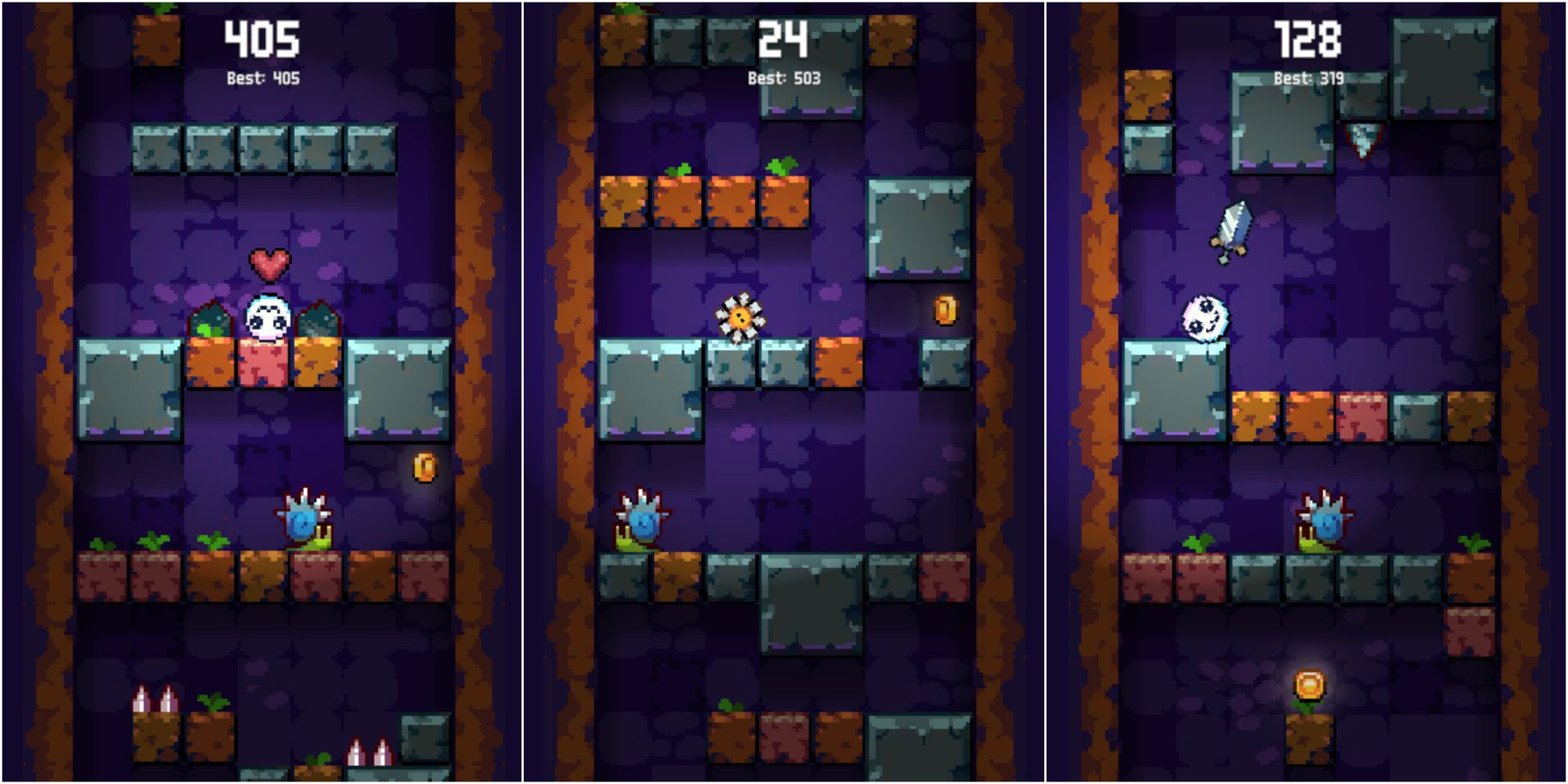Down Hole, Downwards Platformer With Smiley Ball Or Flower Character, Snail Enemies