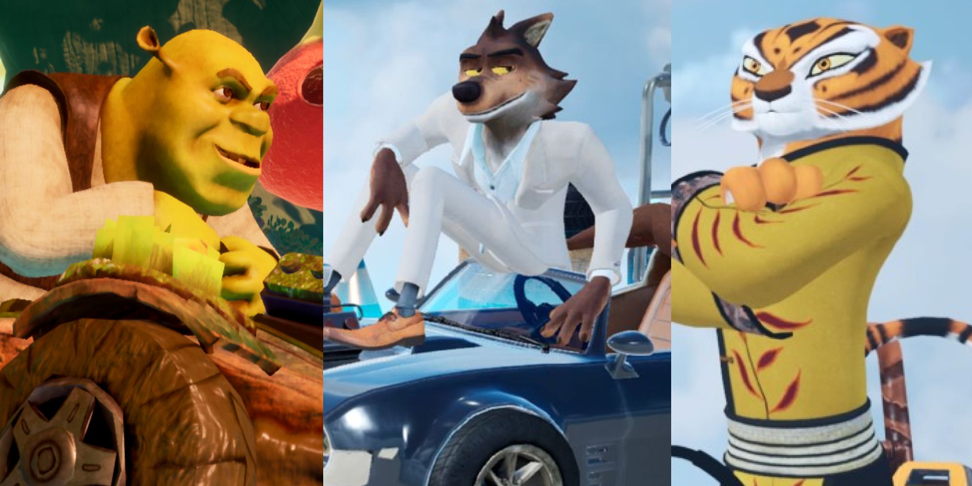 Shrek racing; Mr. Wolf sitting on the hood of a car; Tigress crossing her arms