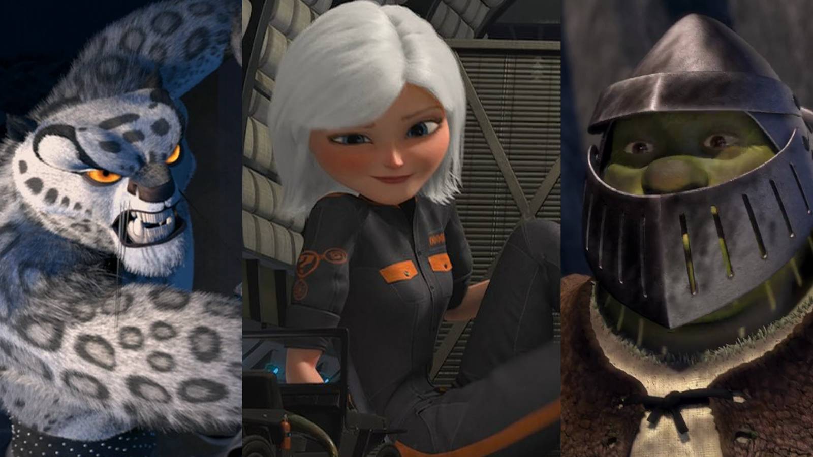 Tai Lung fighting; Ginormica sitting; Shrek in a knight's helmet