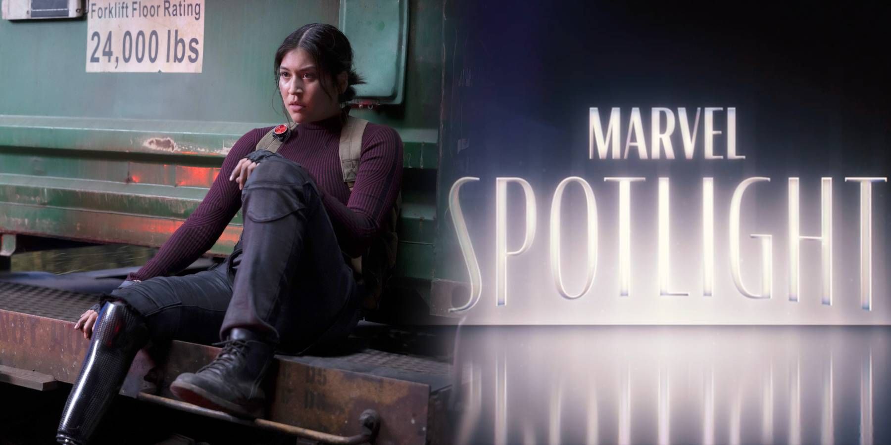 Alaqua Cox as Maya Lopez from Marvel's Echo with the Marvel Spotlight logo