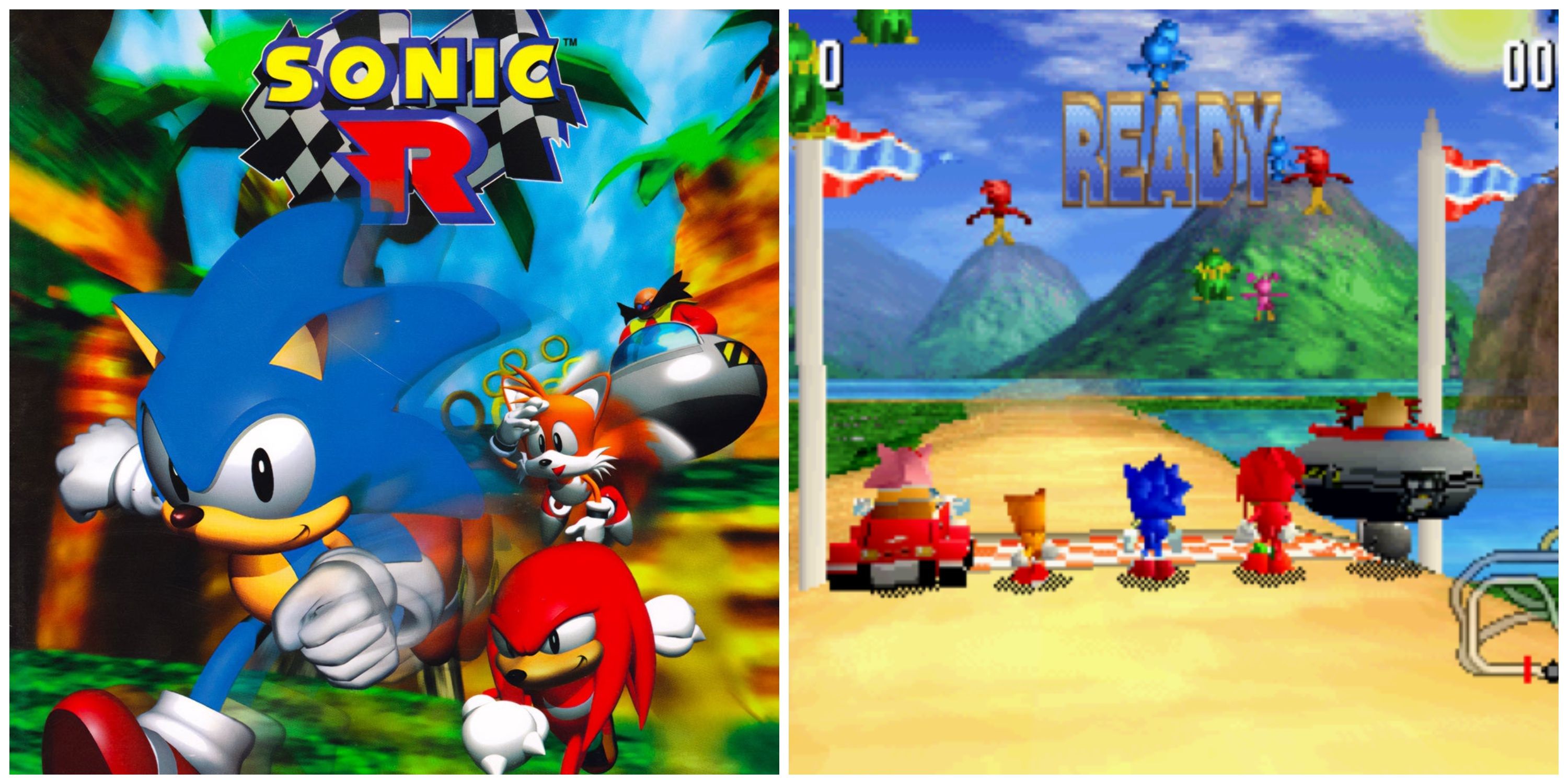Sonic R cover art, and the race starting on Resort island course