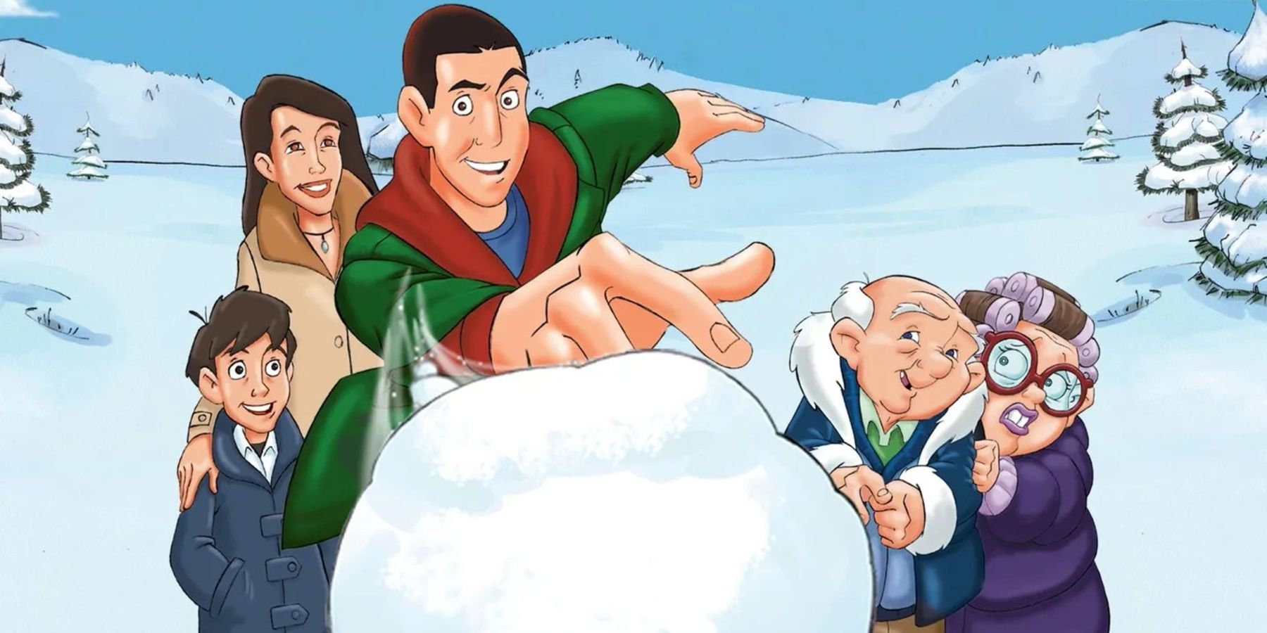 Eight Crazy Nights Davey throws a snowball with the rest of the cast in the background