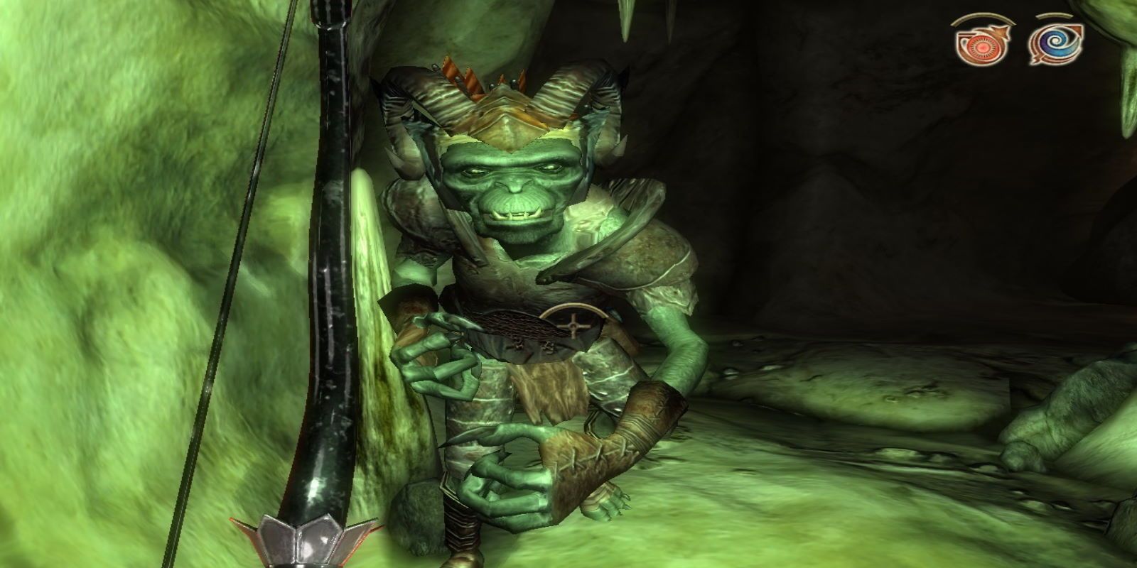 A Goblin Skirmisher attacking an illuminated player armed with a bow in a cave