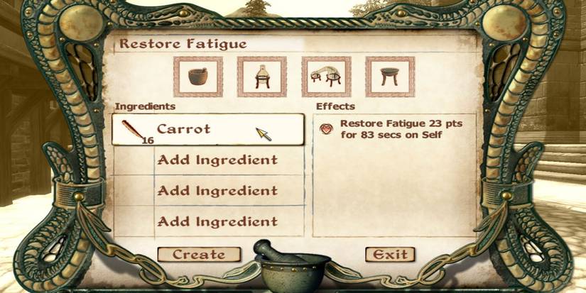 A menu for the Alchemy skill, where loads of Carrots are about to be brewed