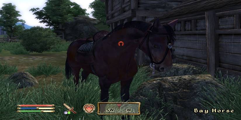 A Bay Horse outside an inn in the wilderness