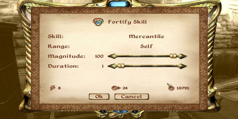 Spell creation, where a Fortify Mercantile Spell is being made