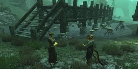 Elder Scrolls 4 Oblivion Shivering Isles - Two farmers chatting near the water and a bridge