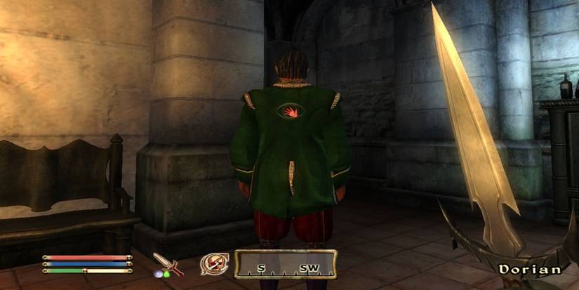 An oblivious Dorian approached by the player with a dagger