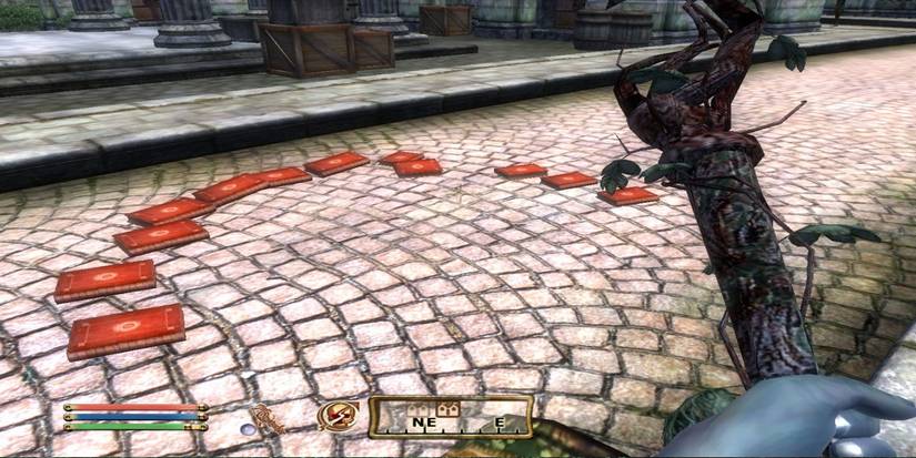 A duplicated colection of books on the floor while the player wields a staff