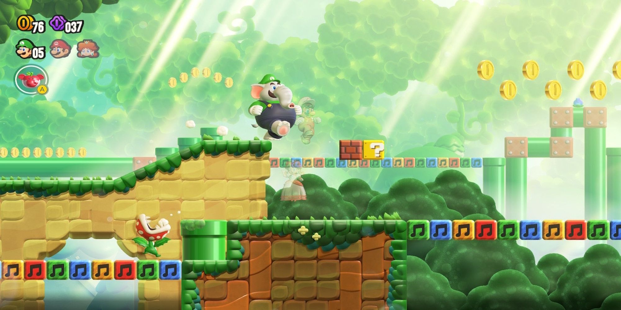 Elephant Luigi playing a level in Super Mario Bros. Wonder