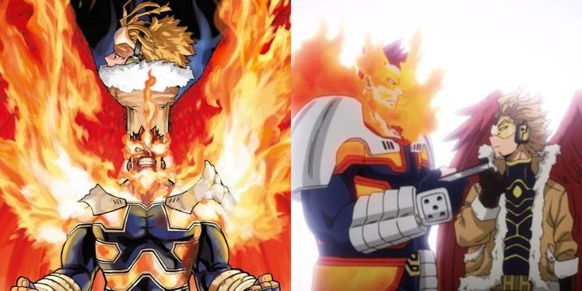 Endeavor and Hawks in the cover of Volume 21 vs Endeavor Hawks talking in the anime.